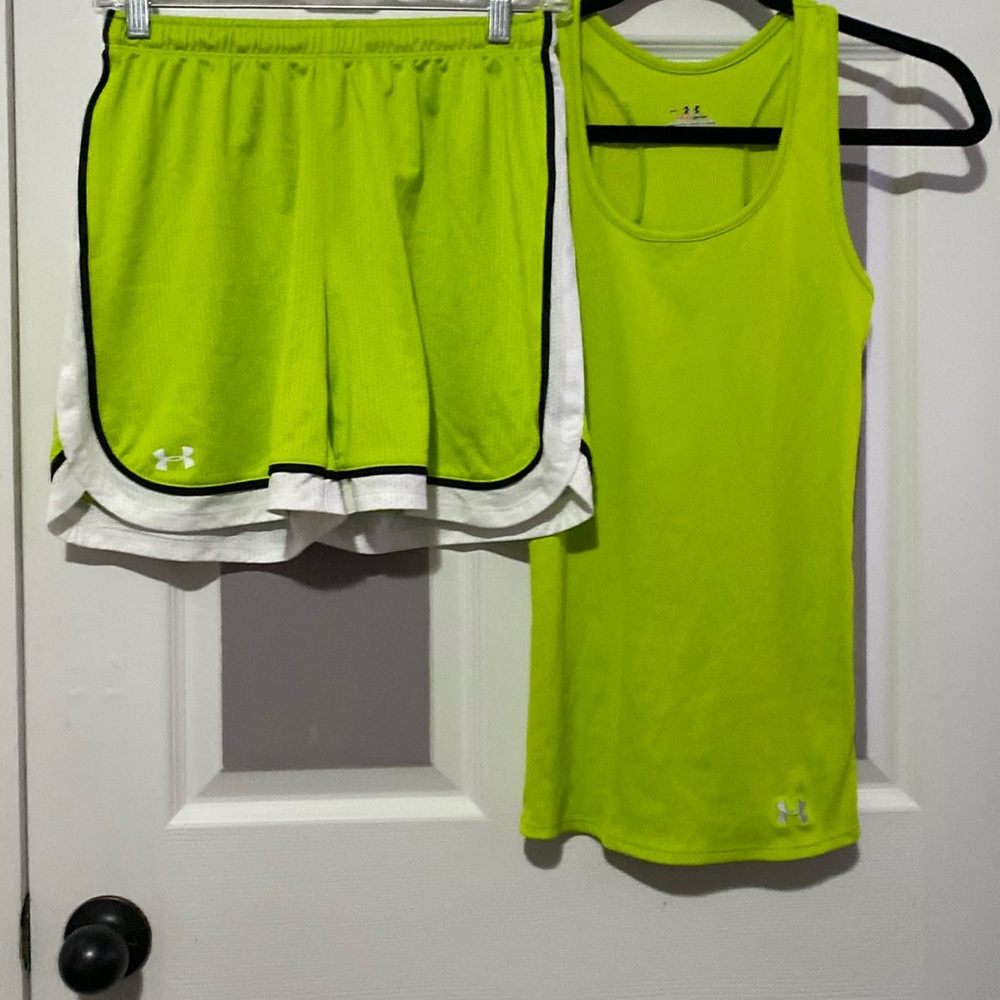 UNDER ARMOUR ATHLETIC SHORTS AND MATCHING TANK TOP. Lime green with white trim.